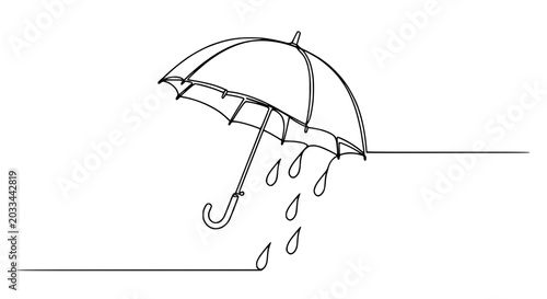 Minimalist single line drawing of an umbrella protecting from rain drops