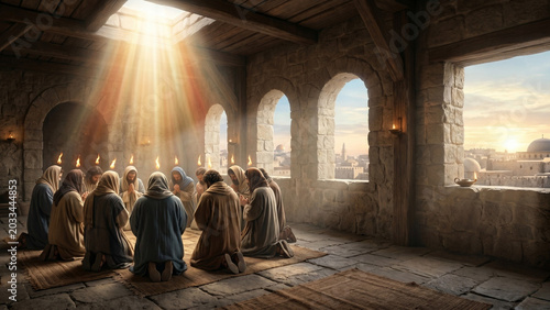 Holy Spirit Miracle Shining Over Christian Disciples in Rustic Biblical Prayer Room