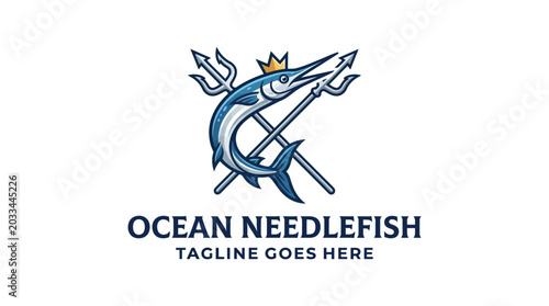 Bild auf Leinwand Needlefish with crossed tridents and crown logo for naval or fishing gear