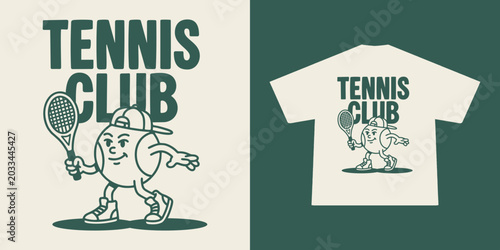 A cool, vintage-inspired graphic design featuring a friendly cartoon tennis ball character wearing a baseball cap and sneakers, holding a tennis racket.