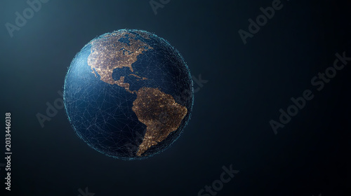 Digital globe showcasing illuminated continents against a dark background, representing global connectivity and technological advancement.