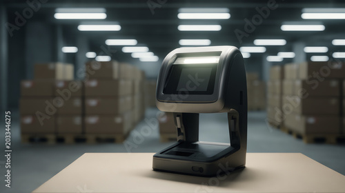 High-tech scanner placed on a table in a warehouse, showcasing modern technology in inventory management and logistics.