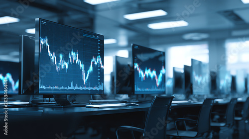 Modern office environment with multiple computer screens displaying financial graphs and data analytics.