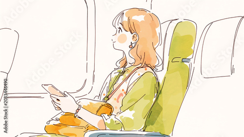 旅へ向かう女性を描いた手書き風イラスト。自然体で立つ女性を表現した、やわらかく親しみやすい人物素材。旅行、観光、一人旅、散策、休暇、お出かけ、移動、街歩き、休日、ファッション、全身、人物、立ち姿、線画、シンプル、余白、挿絵、広告、ブログ、SNS、チラシ、ポスター、旅行や日常の表現に便利な素材。旅のしおりや観光マップ、配布物にも便利な人物素材