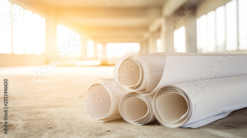 Rolled blueprints resting in an empty industrial space, illuminated by soft sunlight, symbolizing future construction and design.