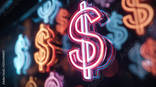 Vibrant neon dollar signs glowing against a dark backdrop. Ideal for finance, investment, and modern business themes.