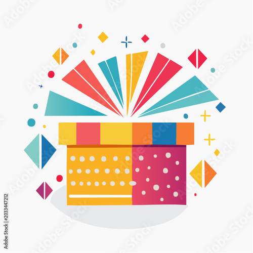 Colorful Gift Box Exploding with Confetti and Geometric Shapes