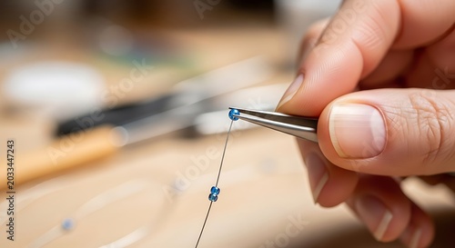 Close up of jeweler hand stringing blue beads with tweezers