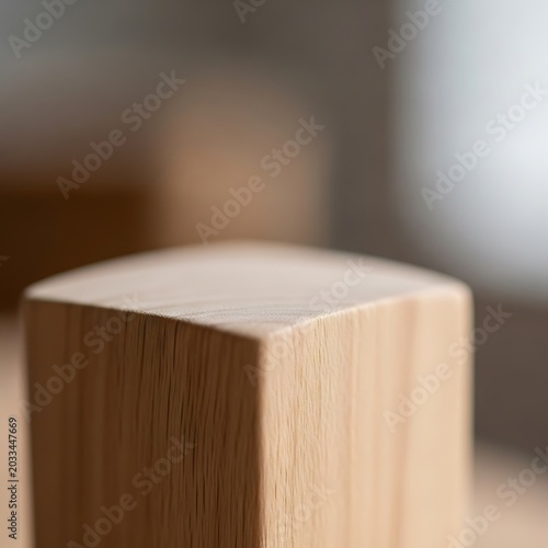Close-up of a wooden block pedestal for product display with blurred background