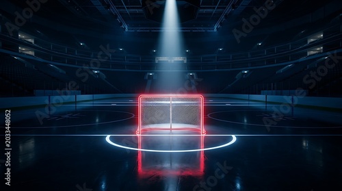 Empty ice hockey goal net illuminated by a spotlight in a dark professional arena