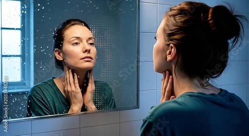 Woman examines her face and skin in a bathroom mirror closely.