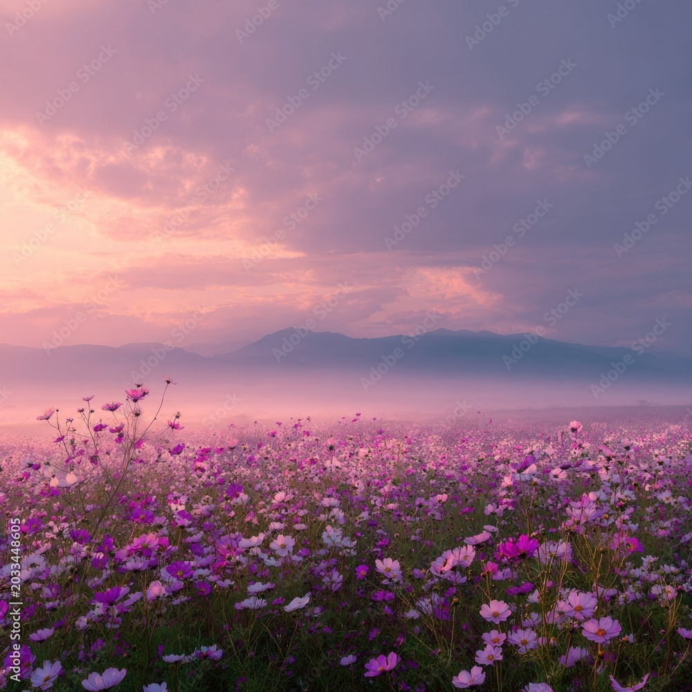 Obraz premium Vast field of vibrant wildflowers stretches toward misty mountains beneath a colorful dawn sky