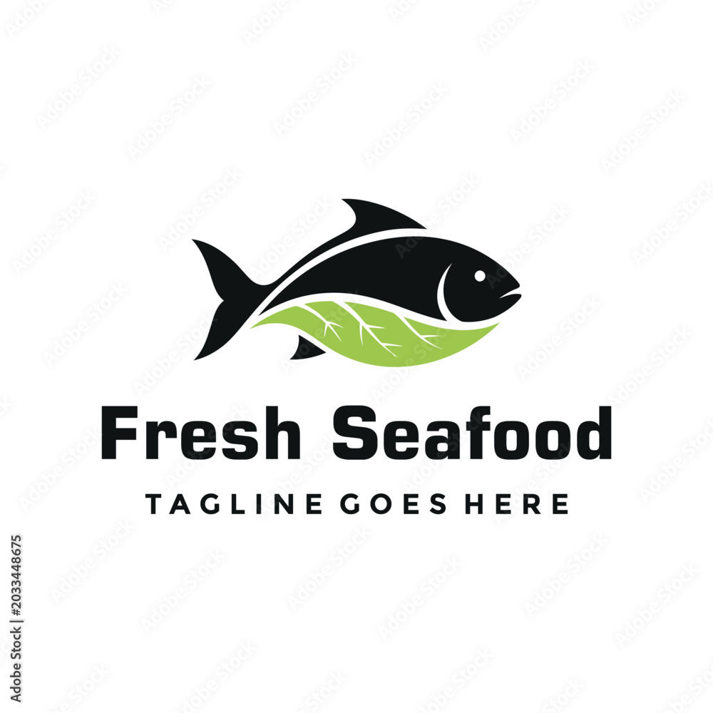 Naklejka premium Fresh seafood fish and green leaf logo design.