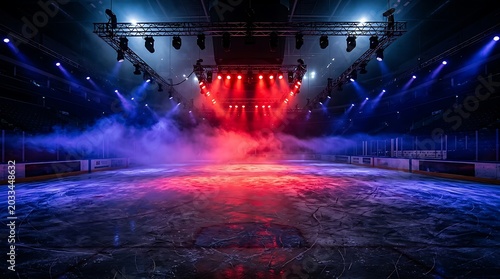 Empty ice hockey rink with dramatic red and blue stage lighting and fog
