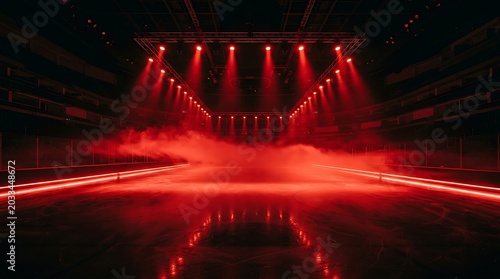 Empty ice hockey rink arena illuminated with dramatic red stage lights and fog