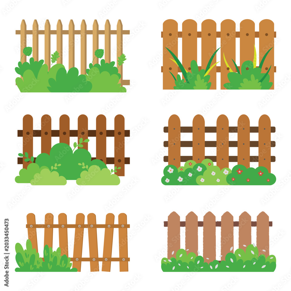Obraz premium Set of rustic wooden fences with green grass. Flat vector illustration of farm boundaries and garden shrubs on white.