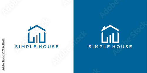 Minimalist House Logo with Abstract Bar Graph, Real Estate and Finance Concept on Isolated White and Blue Backgrounds