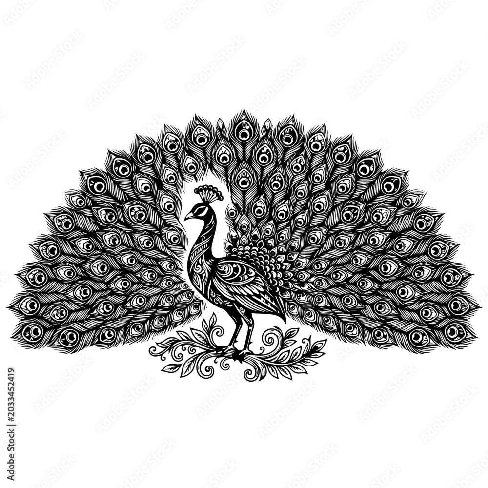 Fototapeta premium Peacock in full display, majestic bird with spread tail feathers