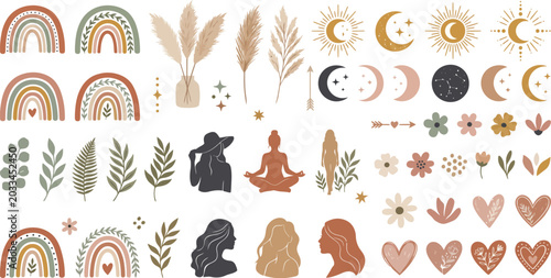 Bohemian-style illustration asset collection including rainbow arches, pampas grass, sun icons, abstract flowers, moons, stars, female silhouettes, hearts, and botanical elements, earthy neutral palet