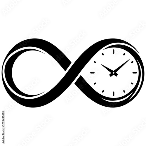 Tableau sur toile Infinity Symbol with Clock Silhouette in Black and White