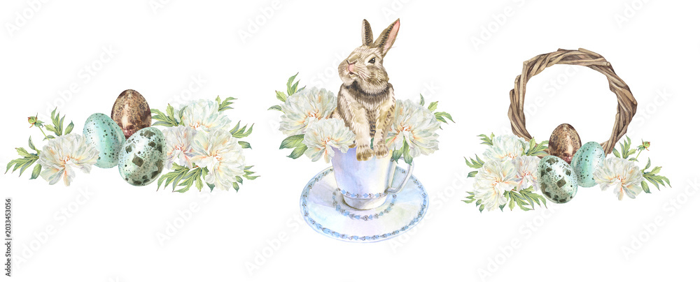 Fototapeta premium Watercolor set with rabbit and bouquet peony and eggs isolated on white background. Hand-drawn flower and leaves and animal hare for Easter. Spring clipart for celebration. Wreath with copy space