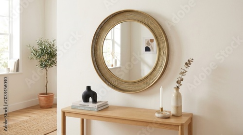 A round, gold-toned mirror with intricate metalwork hangs on a white wall, reflecting a small potted plant and a wooden console table with a white vase and candle.