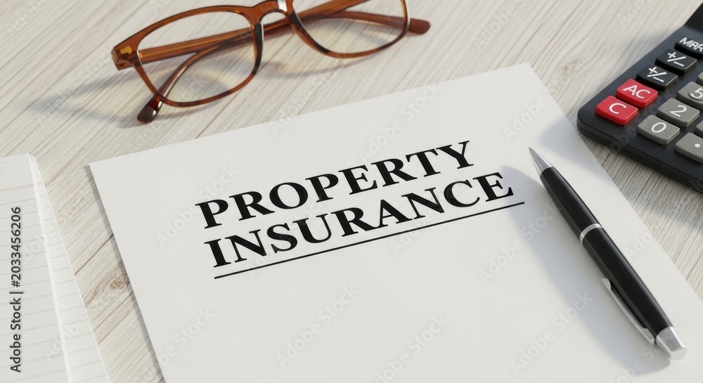 Fototapeta premium Property Insurance Document on a Wooden Desk with Eyeglasses and Pen