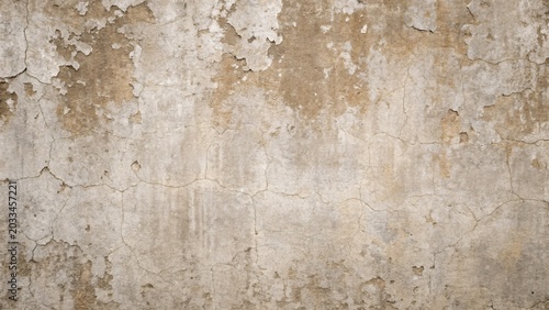 Close-up texture of cracked and weathered beige plaster wall with natural aging effects