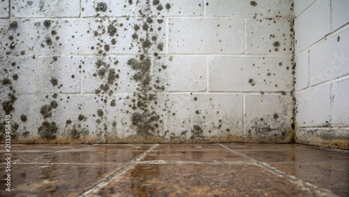 Mold and dampness growing on a concrete block wall in a wet, dirty basement corner