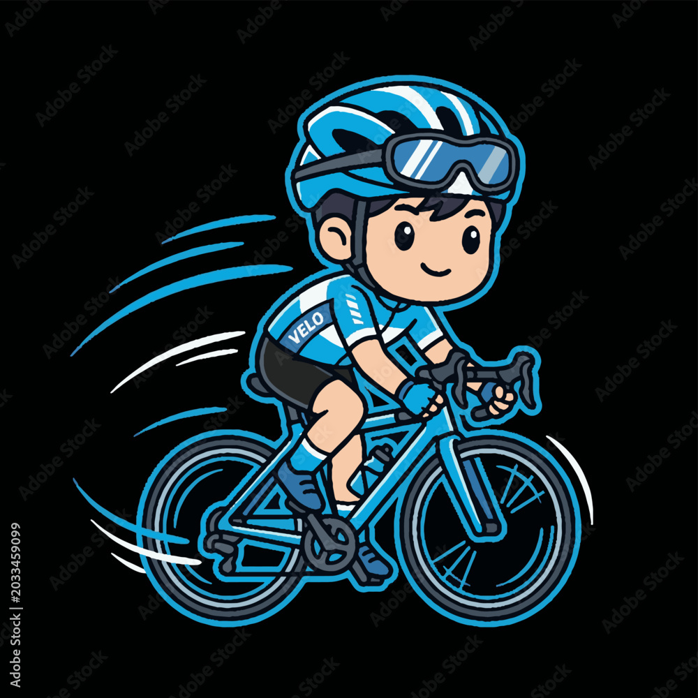 Fototapeta premium Cartoon cyclist riding a blue road bike at high speed.