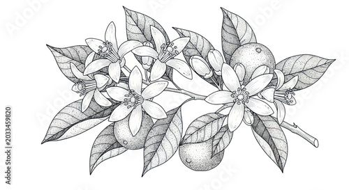 Hand-drawn Orange Blossom Branch with Fruits and Leaves