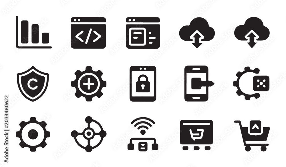 Fototapeta premium Digital technology and development icons featuring coding cloud transfer and security symbols.