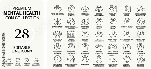 Foto Mental health icon set featuring psychology, mindfulness, therapy, wellness, brain, stress, support, depression, emotion, balance editable vector set
