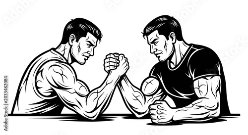 Foto Two Muscular Men Arm Wrestling, Intense Competition, Strength Battle