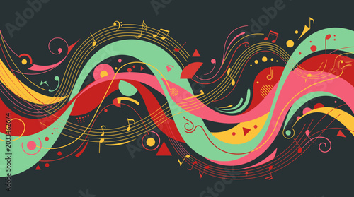 Abstract Musical Wave Design with Notes and Swirls
