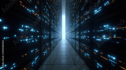 Data center corridor with glowing server lights shows impact of sanctions on digital infrastructure and technology systems
