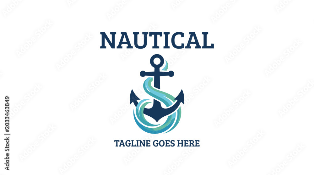Fototapeta premium Nautical maritime logo with an anchor and swirling wave elements.