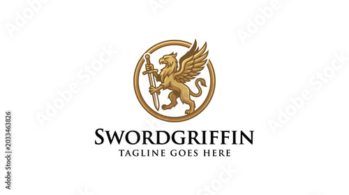Schilderij op canvas Mythical sword griffin heraldic logo with sword in a circle.