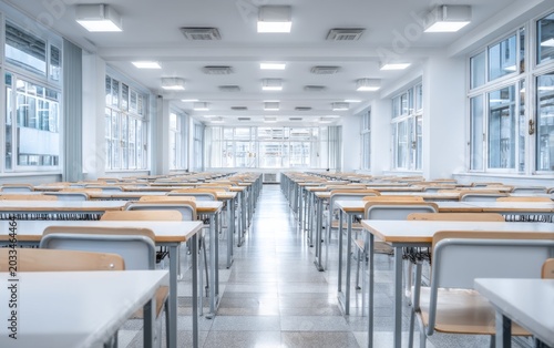 Modern Empty Classroom with Rows of Desks and Chairs in Bright Lighting