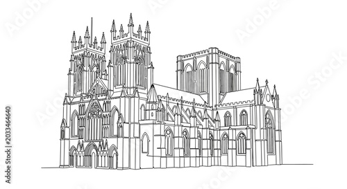 Gothic Cathedral Sketch: Majestic Architectural Line Drawing on White Background