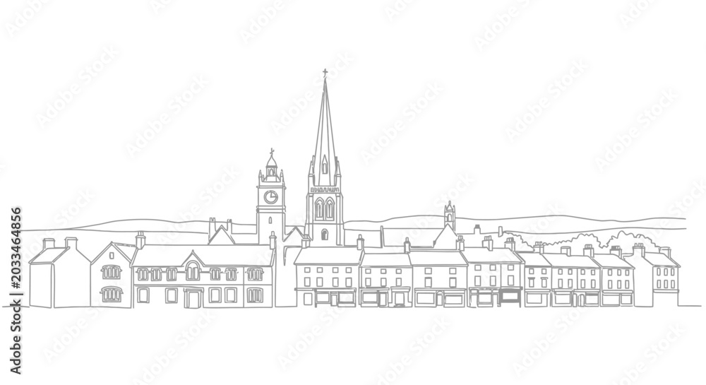 Fototapeta premium Sketchy European Town Skyline with Church Steeple and Clock Tower