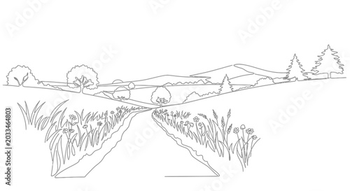 Rural landscape line drawing: pathway through fields to distant hills