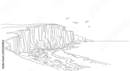 Coastal cliff line drawing, chalk cliffs, ocean, rocky beach, birds in sky