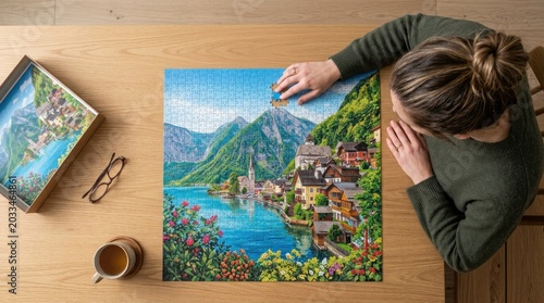 A woman in a green sweater is assembling a jigsaw puzzle of a picturesque mountain village on a wooden table with a cup of coffee and a box of puzzles.