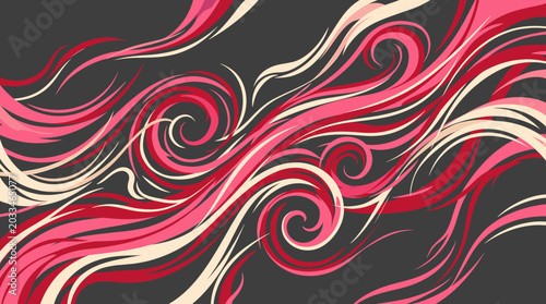 Abstract Swirls Pink Red and Cream Flowing Lines on Dark Background