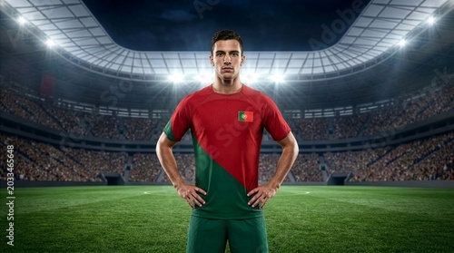 Portugal Soccer Concept Player in Red Uniform at Stadium