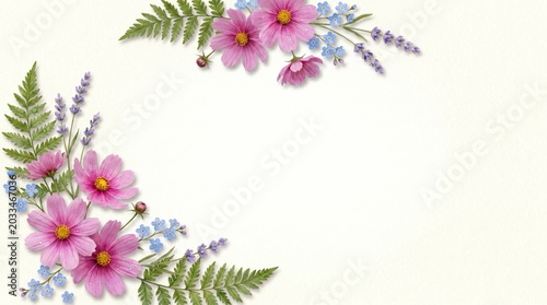 Elegant spring floral border with pink cosmos and green fern