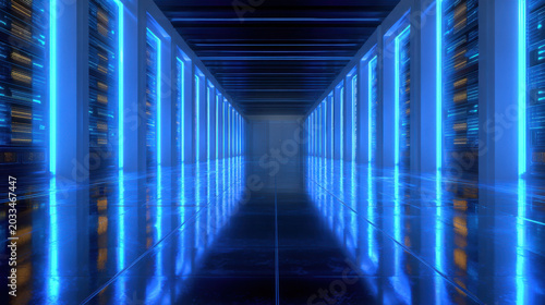 Futuristic digital data center with glowing blue lights illuminating corridor, showcasing advanced technology and sleek design. atmosphere conveys sense of innovation and efficiency