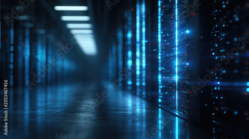 Futuristic digital data center with glowing blue lights illuminating rows of servers, creating high tech atmosphere. sleek design evokes sense of advanced technology and innovation
