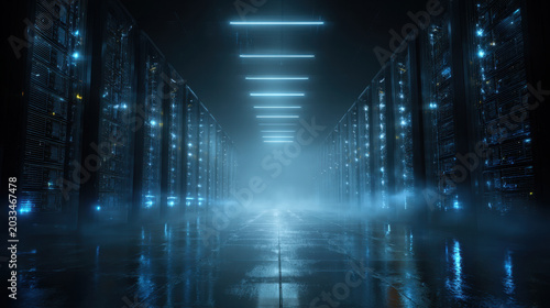Futuristic data center with rows of glowing servers creates captivating atmosphere. mist adds mysterious touch, enhancing digital ambiance and technological essence